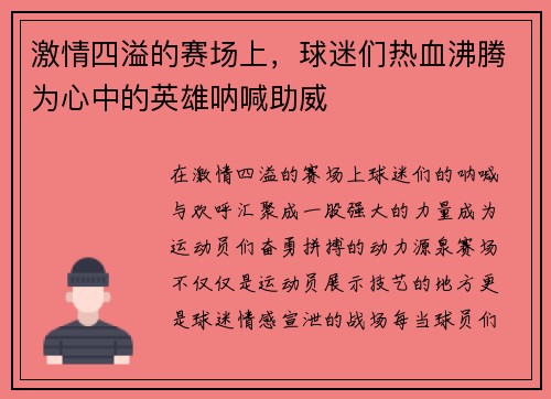 激情四溢的赛场上，球迷们热血沸腾为心中的英雄呐喊助威