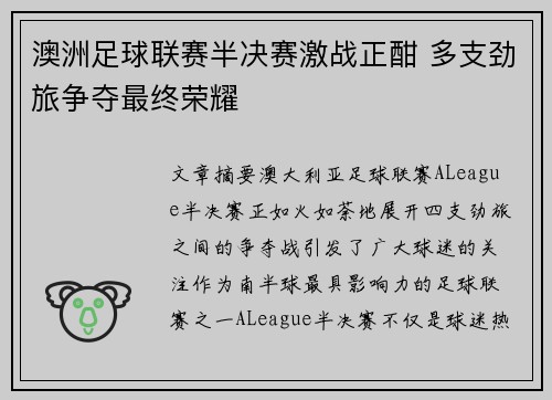 澳洲足球联赛半决赛激战正酣 多支劲旅争夺最终荣耀