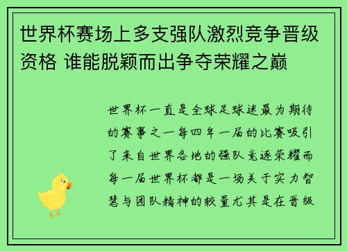 世界杯赛场上多支强队激烈竞争晋级资格 谁能脱颖而出争夺荣耀之巅