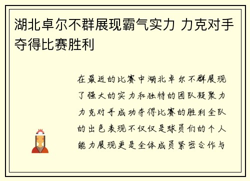 湖北卓尔不群展现霸气实力 力克对手夺得比赛胜利