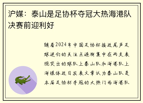 沪媒：泰山是足协杯夺冠大热海港队决赛前迎利好