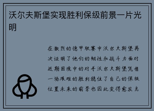 沃尔夫斯堡实现胜利保级前景一片光明