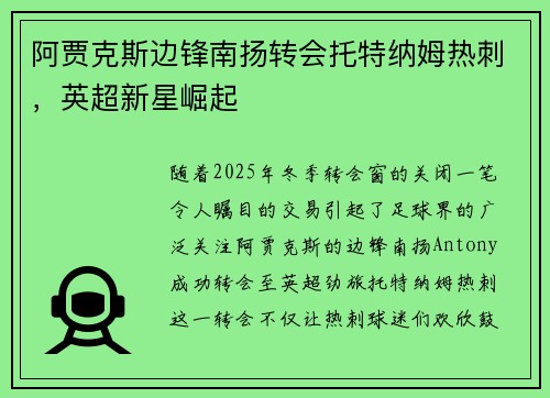 阿贾克斯边锋南扬转会托特纳姆热刺，英超新星崛起