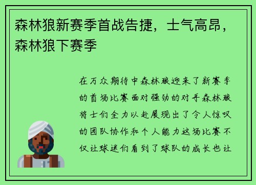 森林狼新赛季首战告捷，士气高昂，森林狼下赛季