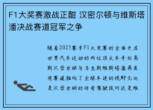 F1大奖赛激战正酣 汉密尔顿与维斯塔潘决战赛道冠军之争