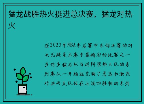 猛龙战胜热火挺进总决赛，猛龙对热火