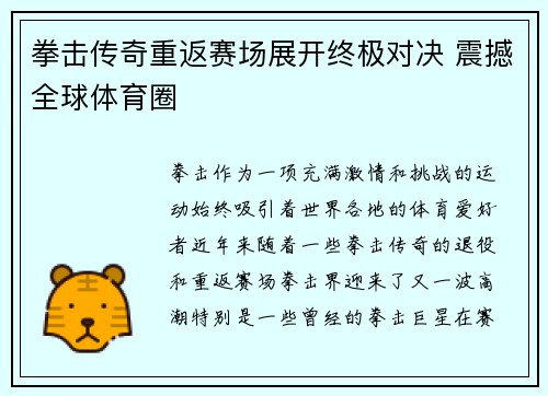 拳击传奇重返赛场展开终极对决 震撼全球体育圈