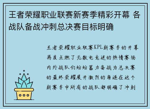 王者荣耀职业联赛新赛季精彩开幕 各战队备战冲刺总决赛目标明确