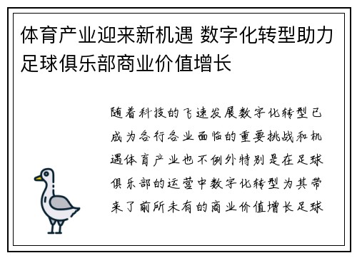 体育产业迎来新机遇 数字化转型助力足球俱乐部商业价值增长